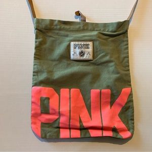Pink By Victoria’s Secret Cross Bag Olive Green with Pink words